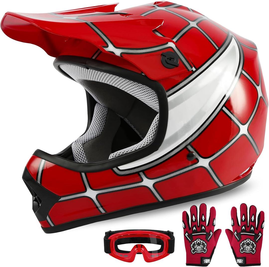 XFMT Kids Dirt Bike Helmet Youth Motorcycle Helmet DOT-Certified Full Face Helmets for Motocross ATV Off-Road Street Bike with Goggles & Gloves, Red Spider Small (Red, L)