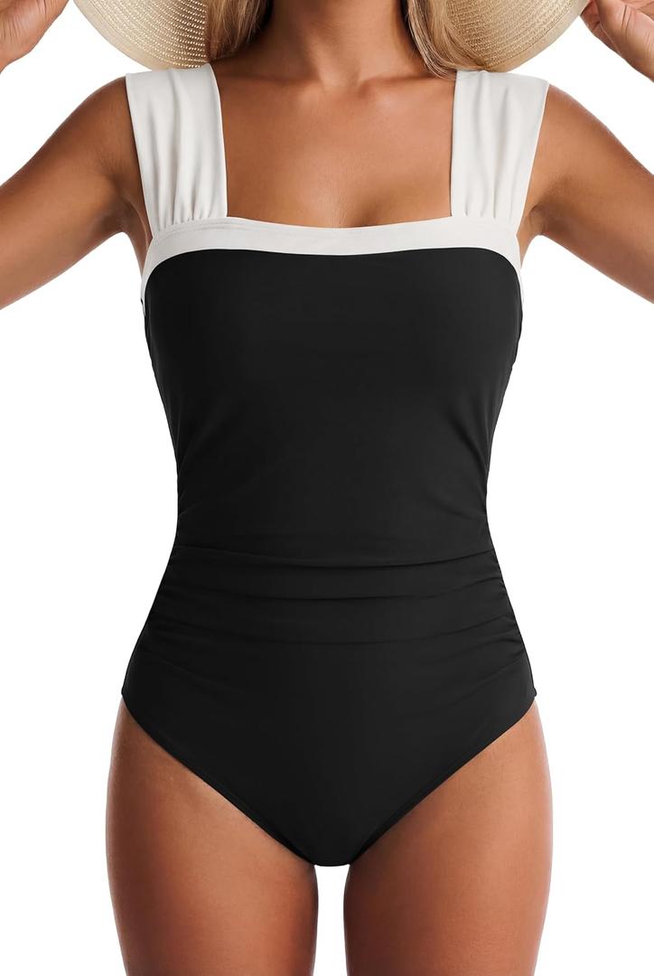 One Piece Swimsuit for Women Tummy Control Bathing Suits Full Coverage Wide Straps Swim Suit Color Block Swimwear (Black, M)