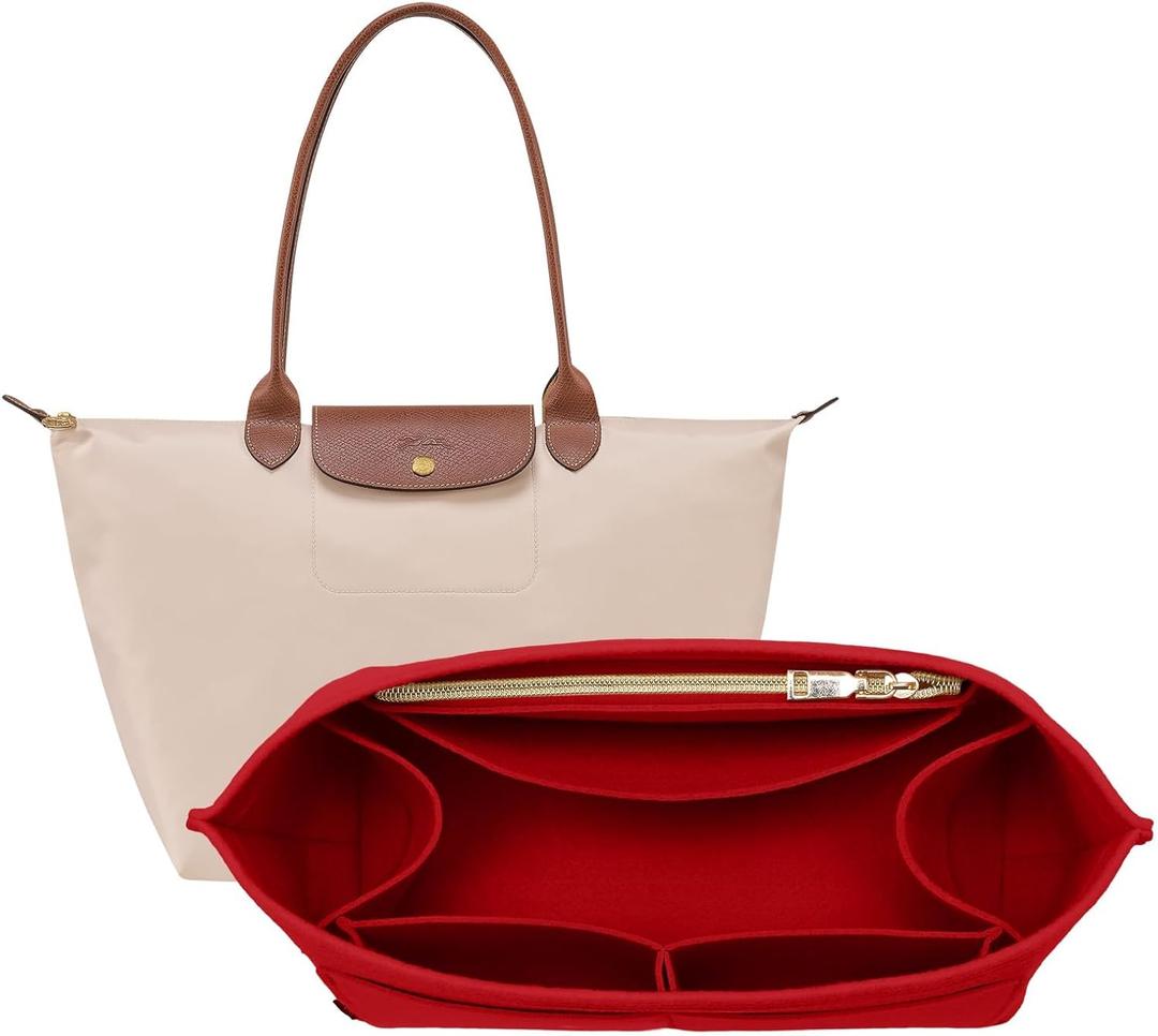 OPPOSHE Purse Organizer Insert for Longchamp Le Pliage, Premium Felt Long Champ Bag Handbag Women, Tote Organizer Insert with 9 Compartments (Large, Red) (L-11.5*7.5*9.7in)