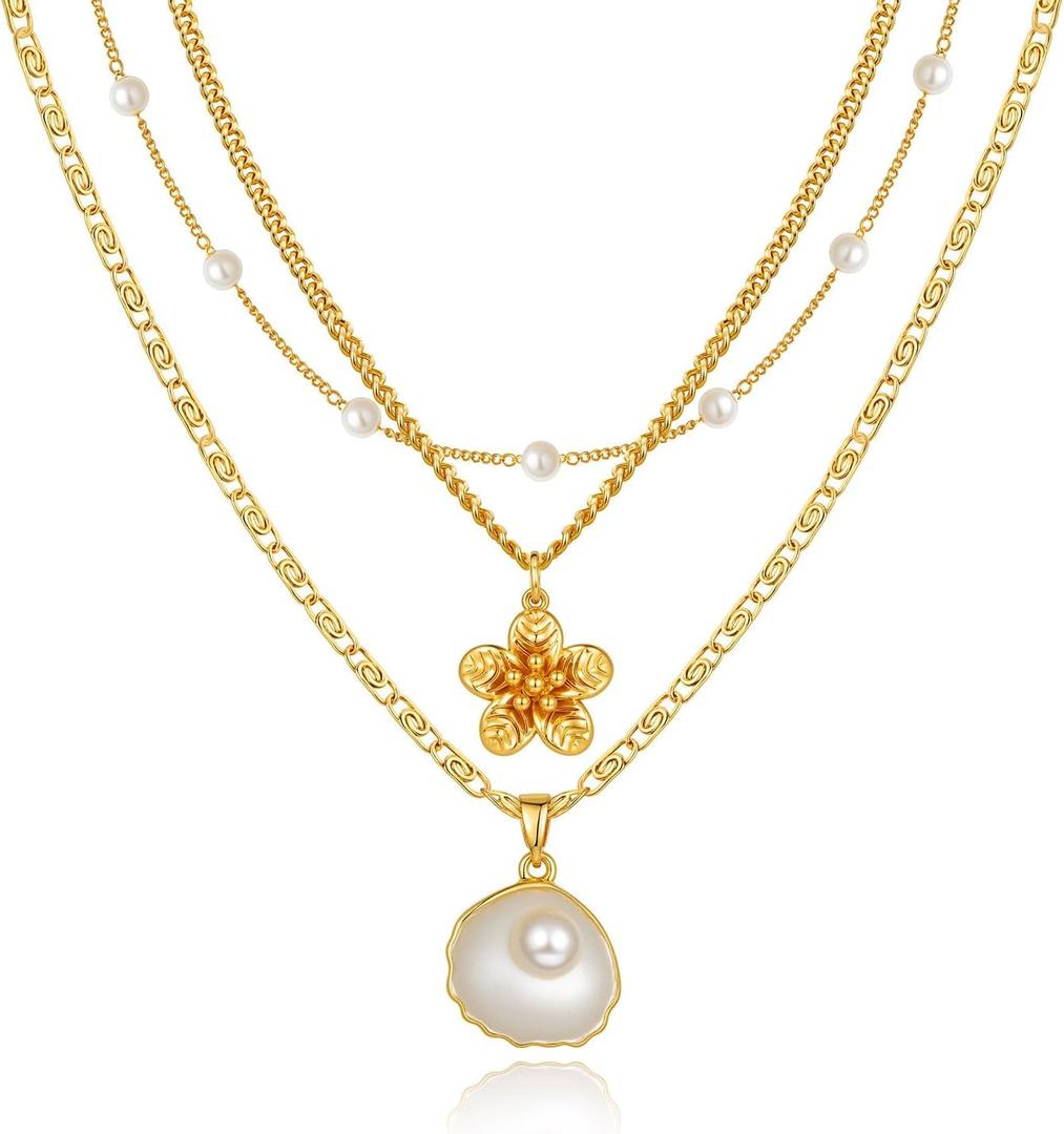 Charm Necklaces for Women,14k Gold Plated Waterproof Dainty Choker Necklace Summer Seashell Pearl Beach Cute Necklaces Set Fashion Jewelry Gift