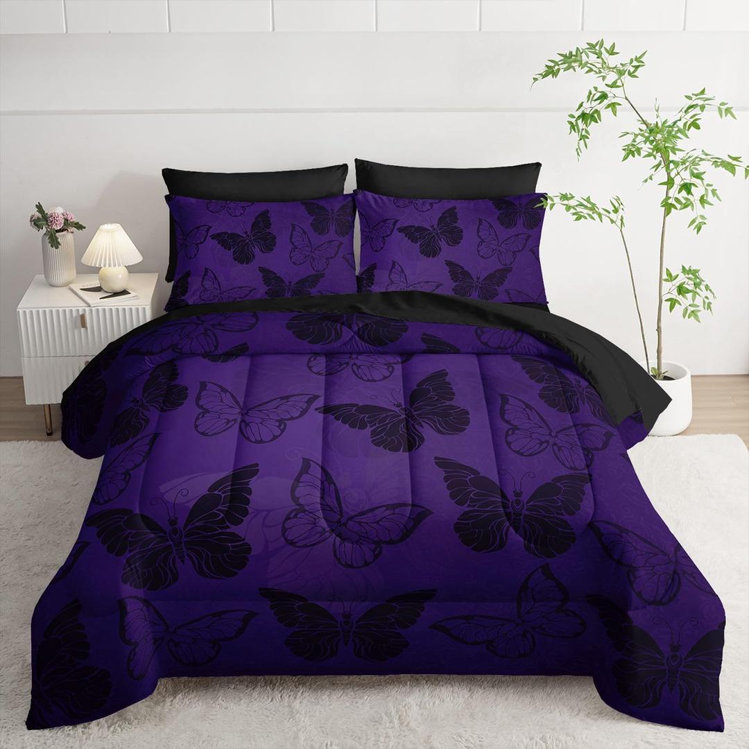 7Pcs Purple Butterfly Comforter Set Black Purple Printed Bedding Set with 1 Comforter, 1 Flat Sheet, 1 Fitted Sheet and 4 Pillowcases for Boys and Girls Bedroom (Butterfly-5 Queen