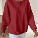 Waffle Knit Henley Top Loose Fit Long Sleeve Casual Blouse for Women Everyday Wear Red, Size L