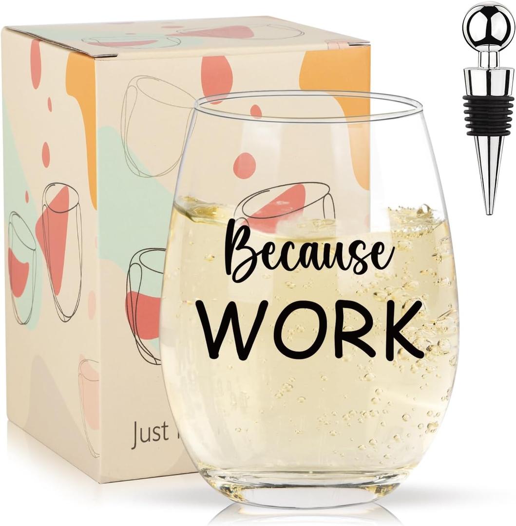 Ithmahco Because Work Wine Gifts For Women, 16oz Stemless Wine Glass, Birthday Gifts For Coworkers, Boss, Emplyoee Officer Colleague, Funny Wine Glasses For Women, Christmas Gifts For Boss