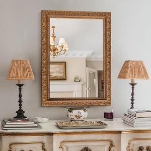 Chende Bronze Bathroom Mirror 38''x26'', Vintage Mirrors for Wall Decor with Antique Wooden Leaves Frame, Rectangle Decorative Wall Mirror for Dining Room, Living Room, Entryway, Bedroom