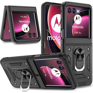 Gritup for Motorola Moto Razr 2024/2025 Case with Slide Camera Cover, 360°Rotation Ring Kickstand [Military Grade] Shockproof Protection,Black