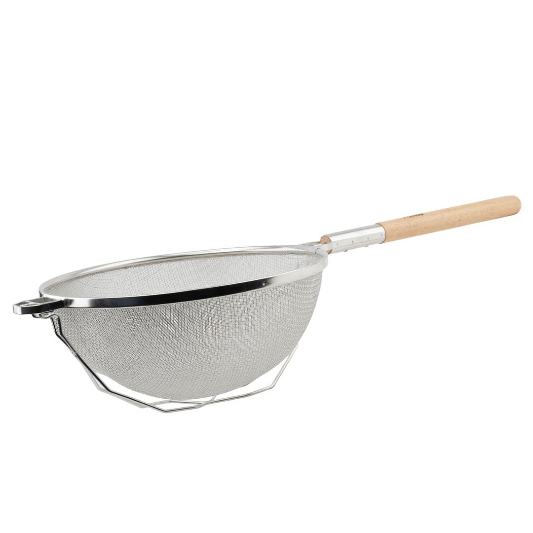 Winco Strainer, 14-Inch Diameter, Reinforced Double Mesh, Medium, Nickel, Tan