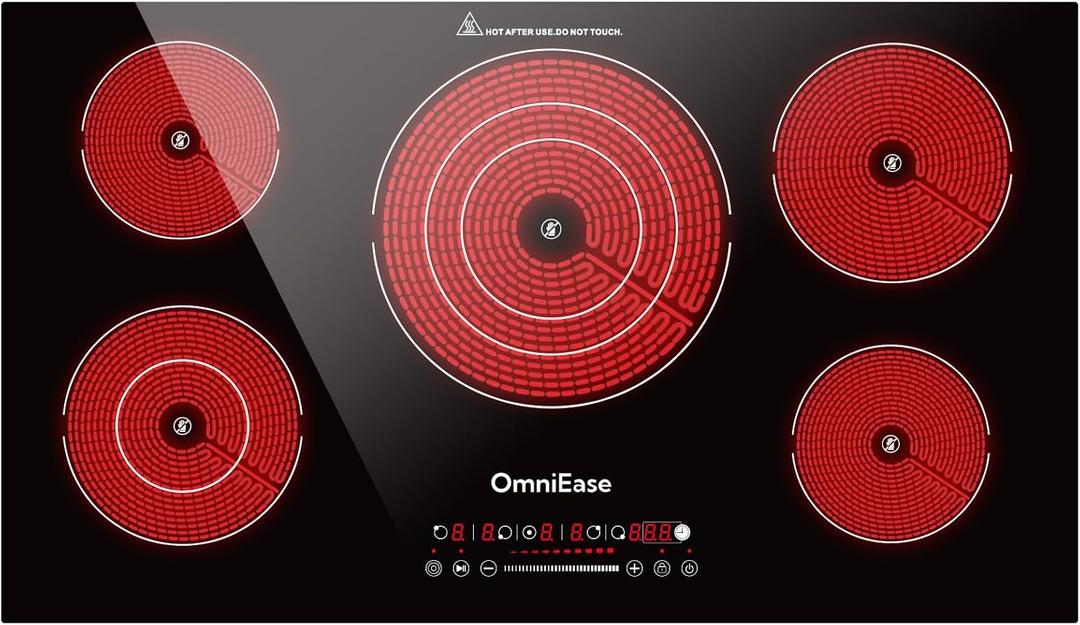 Electric Cooktop 36 Inch, OmniEase Built-in Electric Cooktops 5 Burner Stove Top, 36" Radiant electric Cook top Stovetop with Kid Safety Lock, Timer, 9 Heating Level, 9600W, 220-240V for Hard Wire