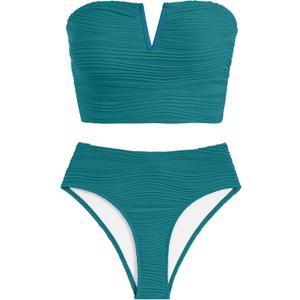 ZAFUL Womens Bandeau Bikini Set Strapless Textured Two Piece Lace up Bathing Suits High Waisted V-Neck Swimsuits (Blue)