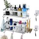 Carwiner Shower Caddy Bathroom Shelf 2-Pack, Basket with 8 Hooks for Hanging Shampoo Conditioner, SUS304 Stainless Steel Rack Wall Mounted Storage Organizer for Kitchen, No Drilling (Silver)