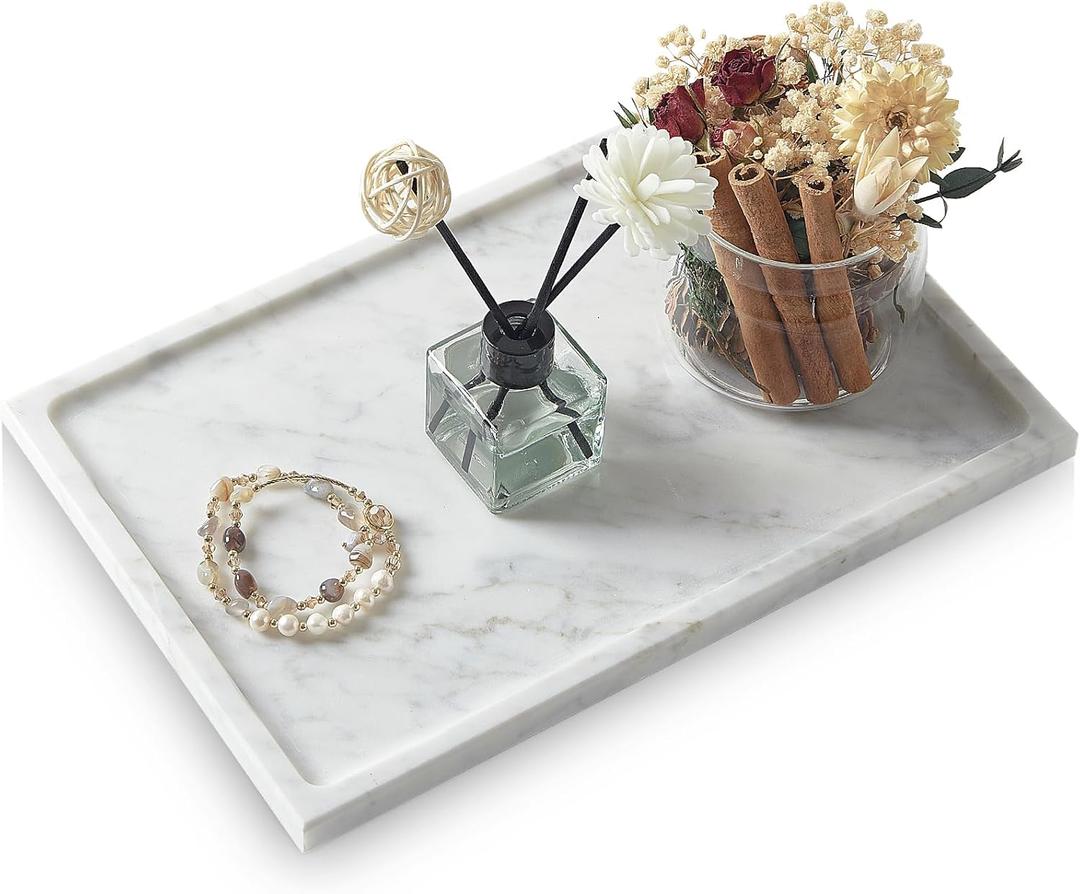 Real Luxurious Natural Marble Tray - 12x8 Inch Marble Vanity Tray for Perfume Display, Jewelry Organizer, Bathroom & Home Decor -Heavy Duty Non-Slip Stone Tray (Non-Resin/Non-Ceramic) (11.8" x 7.9" x 0.7", White)
