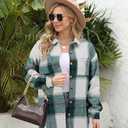 Women's Brushed Plaid Shirts Long Sleeve Flannel Lapel Button Down Cardigan Boyfriend Shacket Jacket Coats (Green, L)