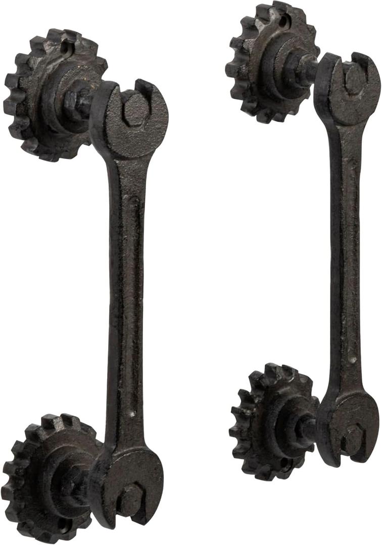 MyGift Rustic Cast Iron Door Pull Handle with Industrial Wrench and Gears Design, Heavy Duty Commercial Hardware, Decorative Mechanic Factory Style for Sliding Doors, Set of 2