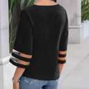 Women's V Neck Mesh Panel Sleeve Tops Tie Knot Hem Tops 2025 Summer Casual Blouses 3/4 Bell Sleeve Loose Shirt (Black, L)