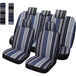 Pariitadin Baja Saddle Blanket Car Seat Covers Full Set with Seat Belt Pads, Washable Breathable Striped Woven Cloth Seat Covers for Cars Interior, Universal Fit Most Cars, Airbag Compatible, Blue