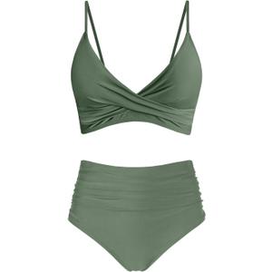 Women's High Waisted Bikini Sets Push Up Twist Front Spaghetti Straps Ruched Two Piece Swimsuit Bathing Suit (X-Large, Olive)
