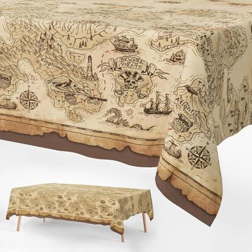 Pirate Tablecloth for Party Decor – Disposable Rectangle Plastic Tablecloths with Pirate Ships & Vintage Map – Plastic Table Covers Set for Pirate Decor Accessories for Birthday & Pirate Party, 1 Pcs