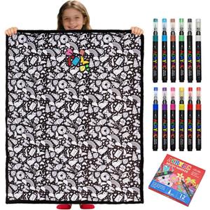 DIY Coloring Blanket with12 Markers Kit， Washable & Color Your Own Blanket with Cozy Velvet Back，Suitable for All Ages，Fun Creative Set for Everyday Use & Home Decor (Animals) | 56"L x 47.2"W