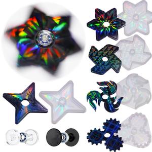 NiArt DIY Epoxy Resin Fidget Spinner Molds Set  5 Holographic Silicone Casting Molds with Rainbow Texture, 15 Bearings, 15 Pairs Plastic Caps & Organizer Box for Handmade Finger Toys & Craft Projects
