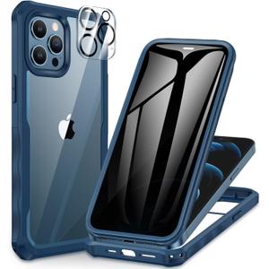 CENHUFO Privacy for iPhone 12 Pro Max Case, Full Body Phone Case with Built-in 9H Tempered Glass Privacy Screen Protector and Camera Lens Protector, Anti Peep Shockproof Bumper Clear Cover - Blue