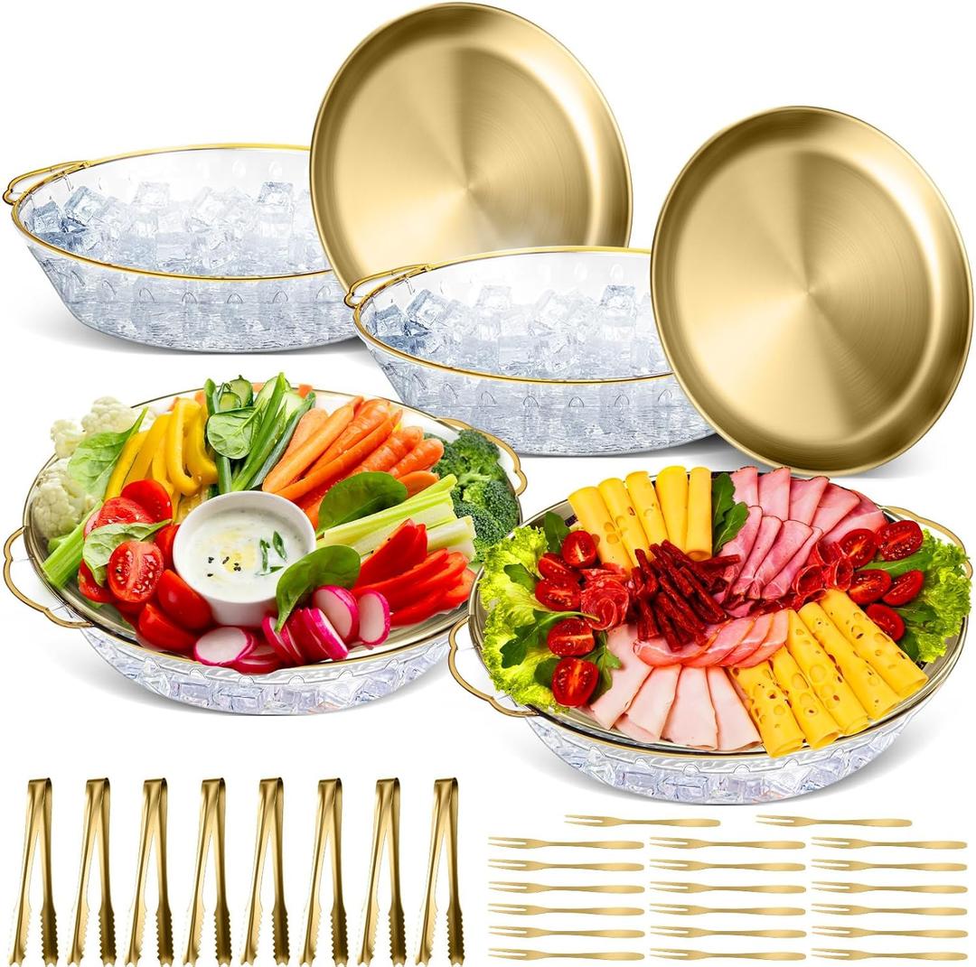Baderke 4 Sets 11.8" Chilled Serving Tray for Parties Round Iced Platter with Ice Underneath Stainless Steel Clip Fruit Fork Shrimp Cocktail Serving Dish for Oysters Crawfish Fruits (Gold)