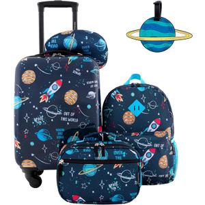 5 Piece Children's Travel Set: 18" Hardside Carry-on Luggage, 15" Backpack, 10" Lunch Bag, Neck Pillow, Luggage Tag
Bright and fun colors: Choose from a variety of vibrant colors to suit your child's personality and make it easy to spot their luggage