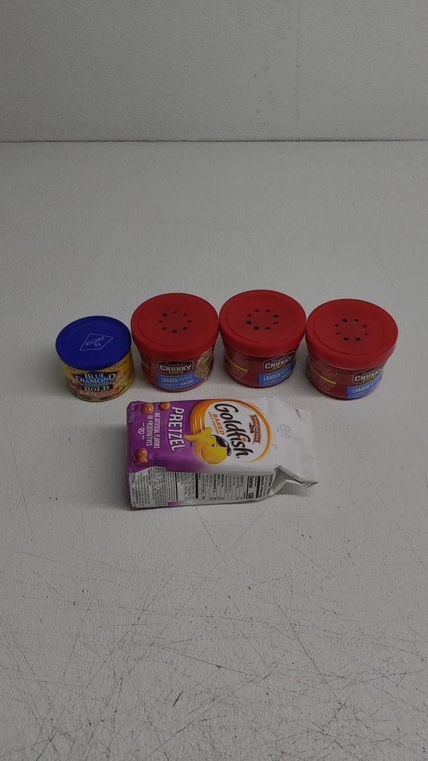 Blue Diamond Almonds, BOLD Elote Mexican Street Corn Flavored Snack Nuts, 6 Ounce Can 04/04/2028, Campbell’s Chunky Soup, Loaded Potato Seasoned with Bacon, 15.25 oz Microwavable Bowl 3pcs 04/27/2026, Pepperidge Farm Goldfish 8oz 08/31/2025