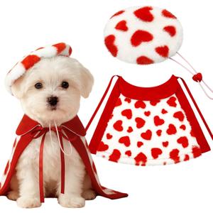 2 Pieces Valentines Day Dog Costume Set Including Beret Hats and Red Heart Love Dog Cloak Funny Puppy Xmas Costumes Holiday Outfits Clothes for Pet Cats (Large)