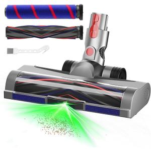 LED Green Light Vacuum Head Replacement for Dy-son V7 V8 V10 V11 V15 Cordless Vacuum Cleaner, Quick Release Head Attachments with 2 Pack Anti-Tangle & Soft Motorhead Roller Brushes