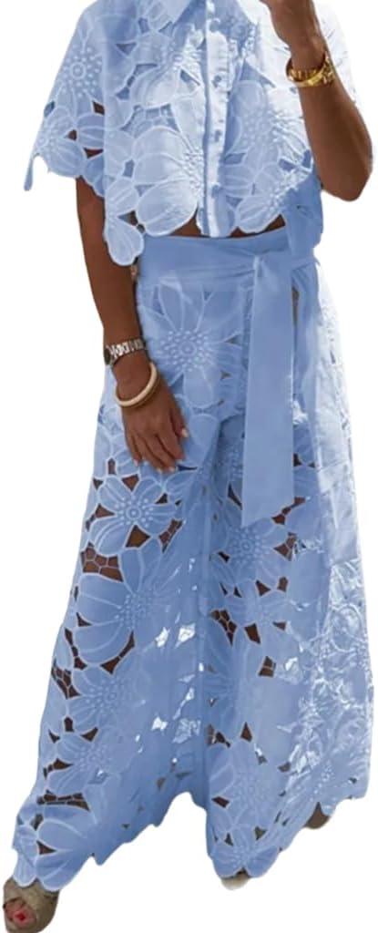 NIFTRIRY Outfits for Women 2 Piece Sets Lace Crop Shirt with Wide Leg Pants Two Piece Sets for Women Dressy (Medium, Blue)