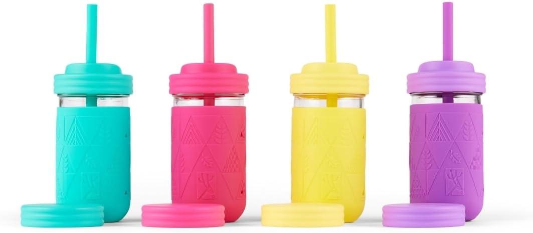 Elk and Friends Kids + Toddler Glass Cups | The Original 12oz Glass Mason Jar with Sleeves + Lids | Silicone Straws + Stopper | Smoothie Cup | Food Storage | Spill Resistant | Dishwasher Safe | 4 Pack, 21 Piece Set