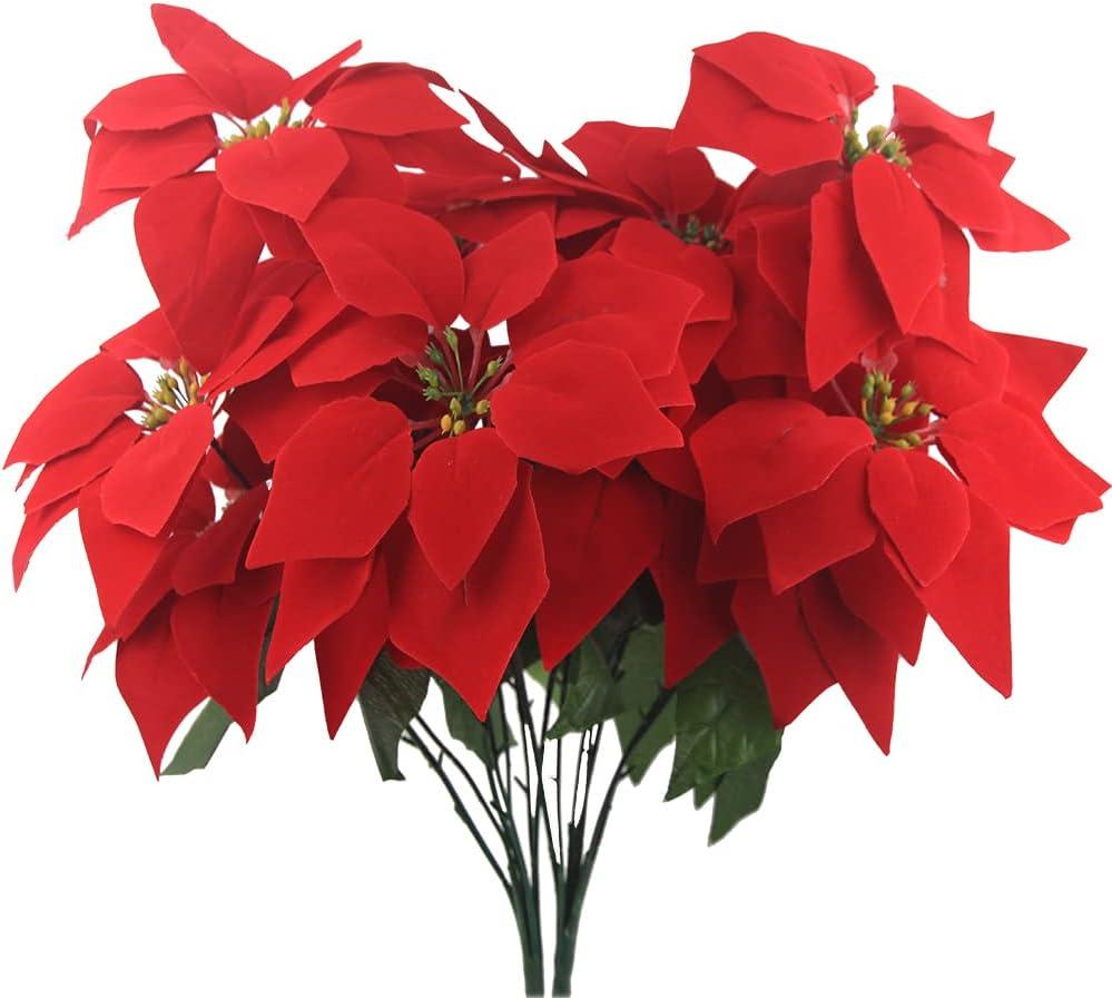 Ferial 2 Pcs Artificial Christmas Flowers - Red 5 Heads Silk Poinsettia Bouquet - Fake Flowers for Xmas Party, Wedding Decoration