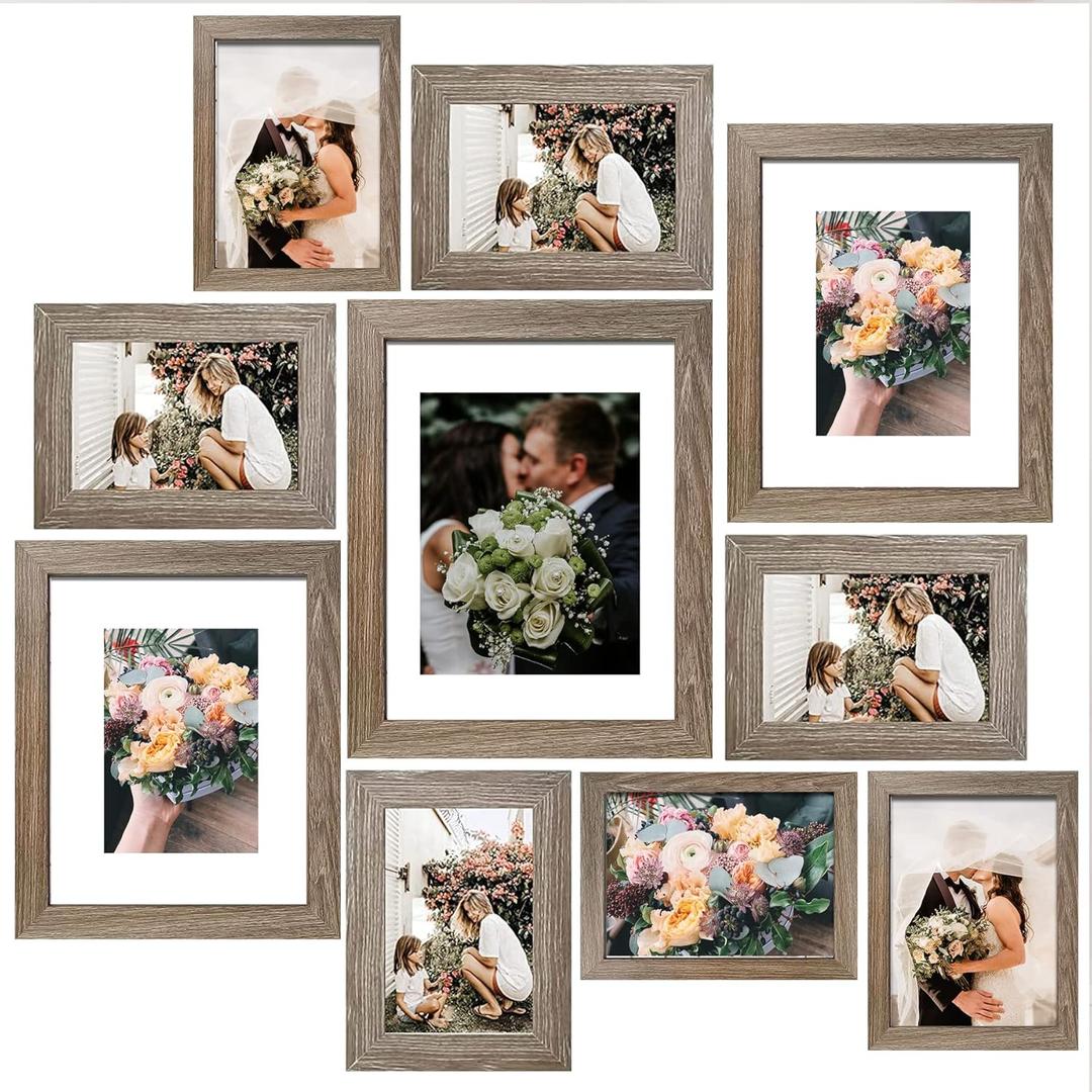 SESEAT Picture Frames Collage, Gallery Wall Frame Set with 11x14 8x10 5x7 4x6 Frames in Light Brown Finishes, Set of 10