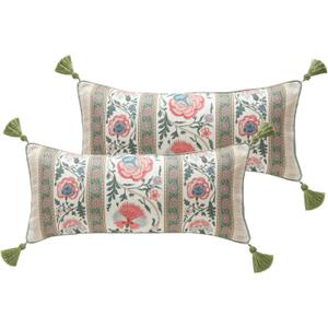 ISAENNE Design Lumbar Retro Elegance Linen Throw Pillow Covers 12"x28" Pack of 2, Green Pink Floral Pattern Cushion Covers Rectangle Decor Pillowcases for Bed,Living Room,Outdoor,Car