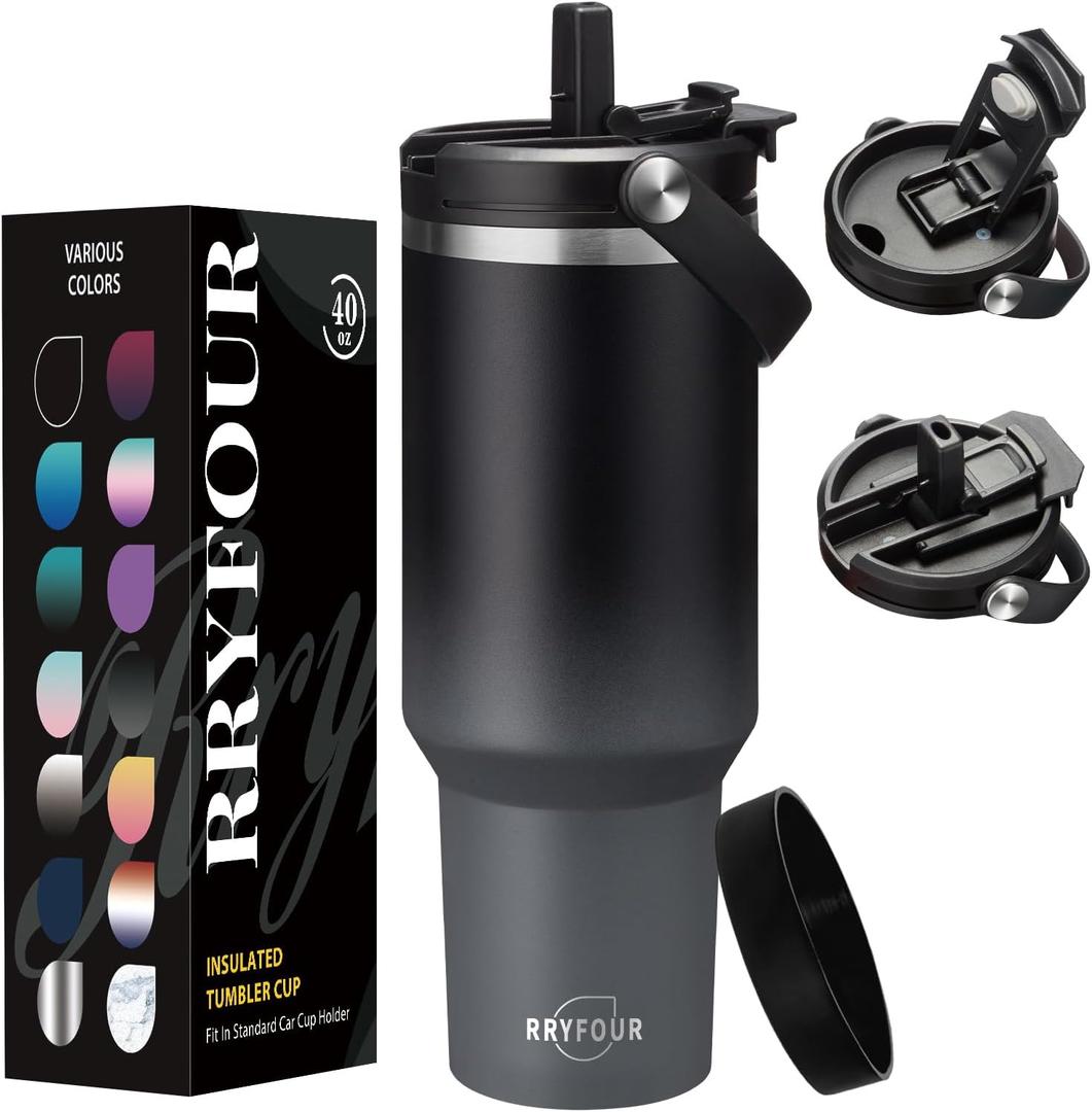 40 OZ Tumbler with Handle and Straw - Stainless Steel Water Cup with 2-in-1 Lids, Travel Coffee Mug Insulated Tumblers with Handle, Leak-proof Large Water Bottle Fits in Car Cup Holder