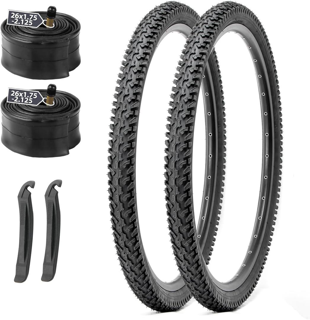MOHEGIA Mountain Bike Tires Set: 2-Pack 26x1.95/26x2.125 Inch Folding Replacement Bicycle Tires and Pair Inner Tubes with Tire Levers for MTB Off-Road Bike