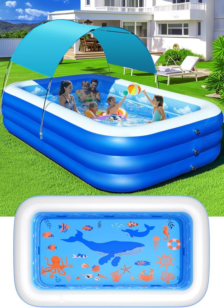 Inflatable Pool with Canopy,Upgraded Inflatable Swimming Pool for Kids,Adult,Large Inflatable Blow up Pools,Ocean Theme Oversized Thickened 105"x75"x25"Inflatable Family Pools for Backyard-Light Blue