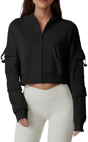 QINSEN Hoodies for Women Full Zip Up Cropped Jacket Long Sleeves with Cargo Pockets Sweatshirts Tops, S