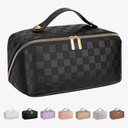 ALEXTINA Travel Makeup Bag,Large Capacity Vegan Leather Cosmetic Bags for Women,Waterproof Portable Pouch Open Flat Toiletry Bag Make up Organizer with Fixed Divider