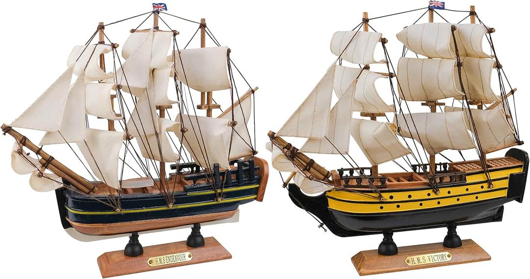 SAILINGSTORY Wooden Model Ships Sailing Ship Model Sailboat Decor Endeavour, Victory 9.5" Set of 2 Pack (BE)
