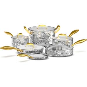 Hammered Stainless Steel Pots and Pans Set 10-Piece, Non-Toxic, Dishwasher Safe, Kitchen Cookware with Triple-Layer Clad Design for Even Heat & Durability