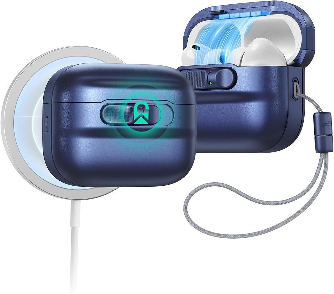 ESR for AirPods Pro 3 Case (2025), Compatible with AirPods Pro 3 (USB-C Cable), MagSafe Ready, Magnetic Lid Lock, Full Drop Protection Cover with Lanyard, Navy Blue