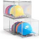 2 Pack Hat Organizer Box for Baseball Caps Organizer, Hat Organizer Box with Sliding Drawer, Hat Storage Organizer, Clear Drawer Stackable for Hats Snapback Cap Storage, Hat Display Case, Hat Holder