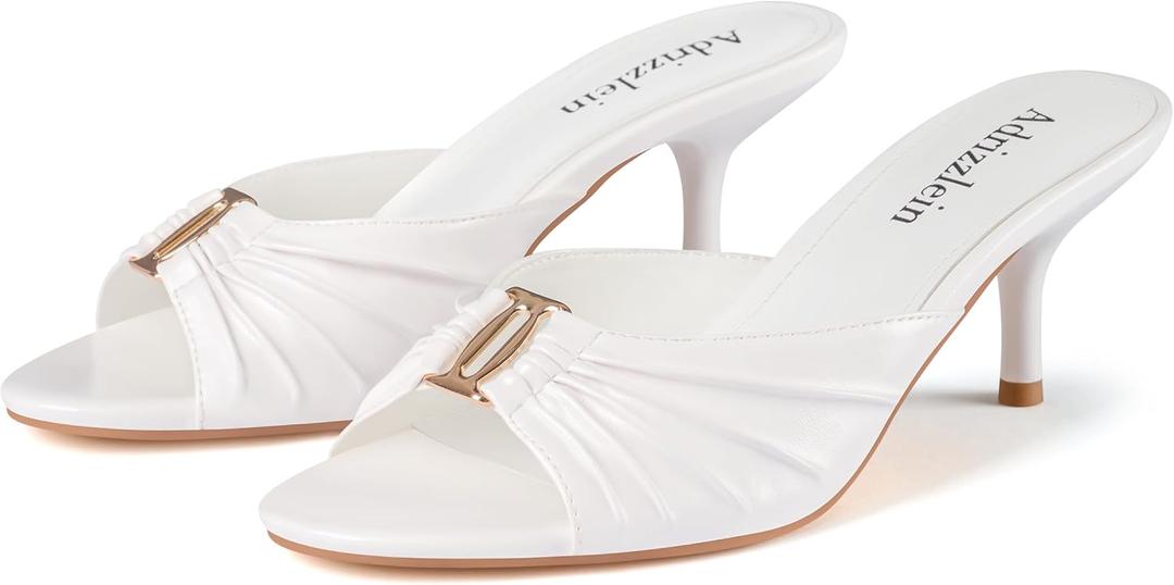 Adrizzlein Mule Heels for Women Peep Open Toe 2.7 IN Kitten Low Heels Ruched Mules Metal Slide Heeled Sandals Dress Shoes, White, Size 7.5