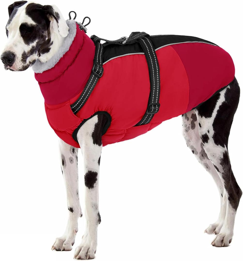SUNFURA Dog Coat, XXXL Dog Jacket with Harness Built in, Waterproof Pet Winter Coat Snowsuit with Zip, Reflective Fleece Jacket for Extra Large Dogs, Great Dane, Red 3XL