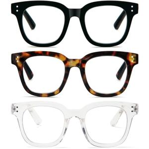 REAVEE 3 Pack Retro Oversized Reading Glasses for Women Blue Light Blocking Cute Square Computer Readers Spring Hinge