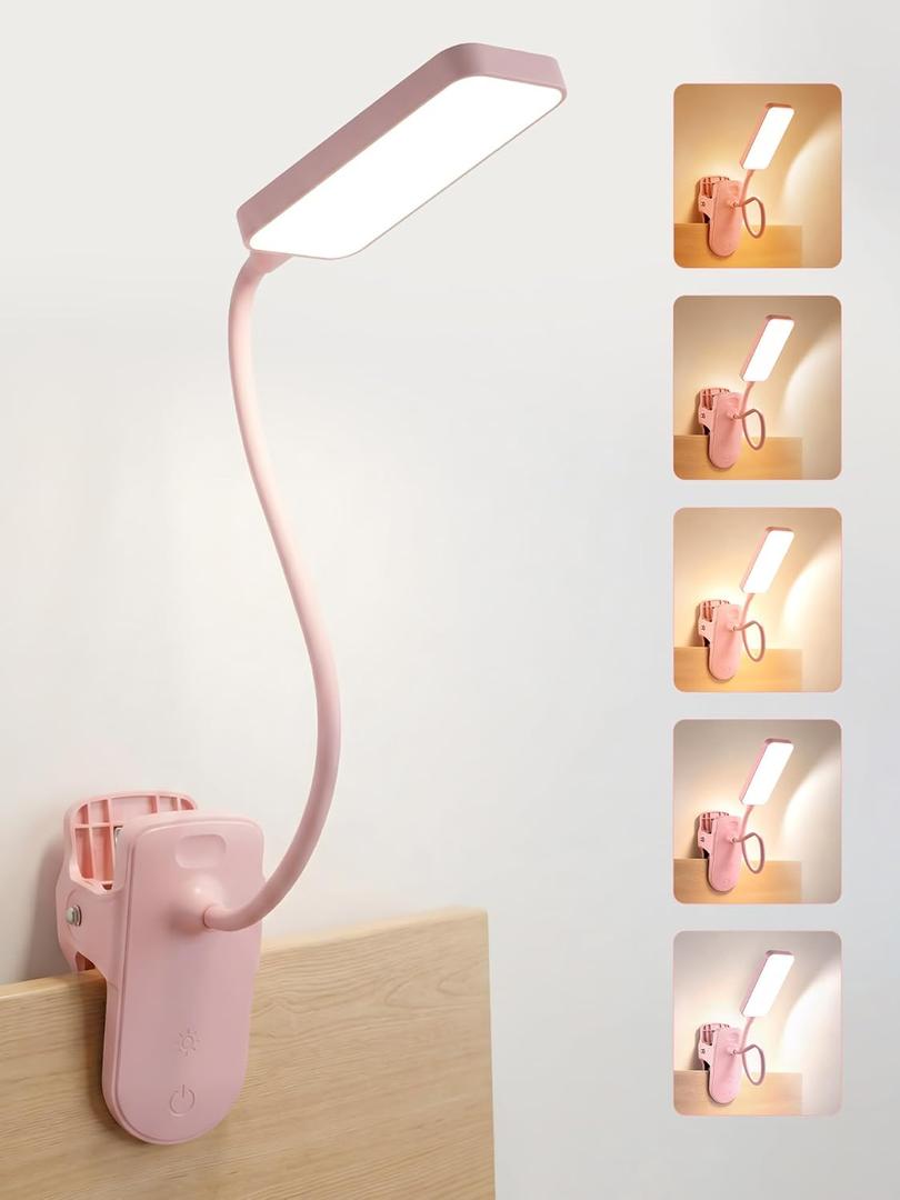 Pink Desk Lamp with Clamp Light,9 Brightness+5 Color Clip on Light,4000mAh Battery Rechargeable Desk Lamp Cute,48 LED Desk Light, Cordless Small Clip on Reading Light for Bed/Headboard/Bedside Table