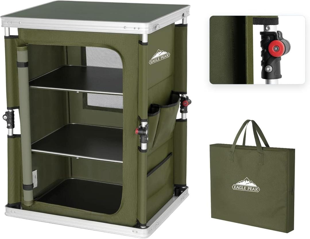 EAGLE PEAK Outdoor Folding Camping Table with Large 3-Tier Storage Organizer and Side Pockets, Easy Set Up Portable Aluminum Camping Kitchen, Green (18.9 x 23.6 x 31.5 IN)