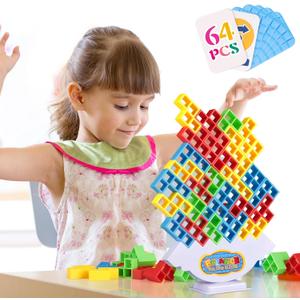 64Pcs Tetra Tower Game, Stack Attack Family Board for 2 Players Family Games, Building Blocks Stacking Balance Games Toys for Kids, Adults, Friends, Classroom, Family and Travel Party