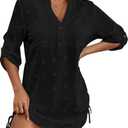 Women Swimsuit Coverups V Neck Swiss Dot Beach Cover Ups Shirt Dress Summer Vacation Outfits with Pocket Size S