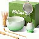 Matcha Whisk Set, Ceramic Matcha Set Includes Bowl & Holder, Bamboo Whisk (Chasen), Scoop, Spoon and Sifter, 6PCS Matcha Kit Covers Everything Needed for Making Matcha (Green)